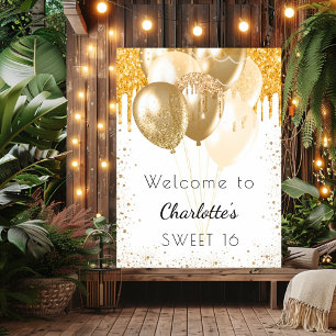 Sweet 16 white gold glitter balloons welcome poster