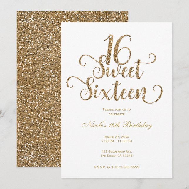 Sweet 16 White & Gold Glitter Birthday Party Invitation (Front/Back)