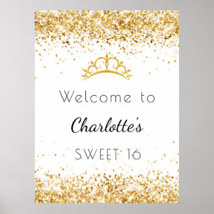 Sweet 16 white gold glitter dust tiara welcome poster