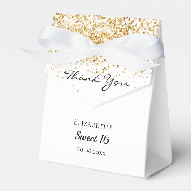 Sweet 16 white gold glitter thank you favour box (Front Side)