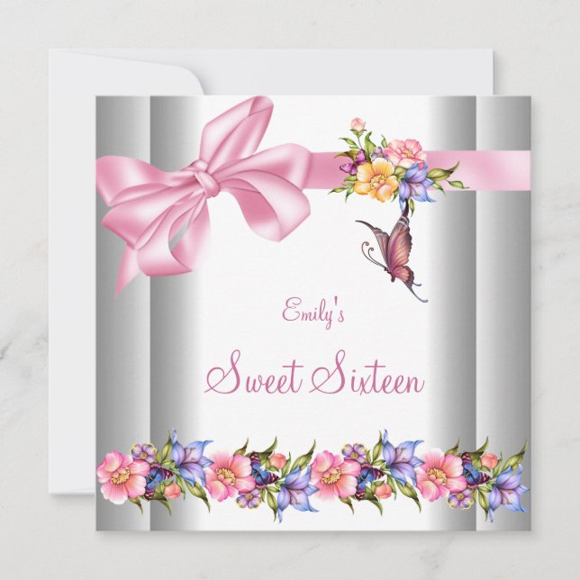 Sweet 16 White Pink Butterfly Sweet Sixteen Invitation (Front)