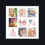 Sweet 16 white pink name photo collage napkin<br><div class="desc">A napkin for a girly 16th birthday party,  celebrating her life with a collage of 8 of your photos.  Templates for a name,  age 16 and a date.  Date of birth or the date of the party.  Coral and burgundy coloured letters.  White background.</div>