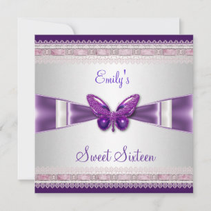 Sweet 16 White Purple Butterfly Invitation