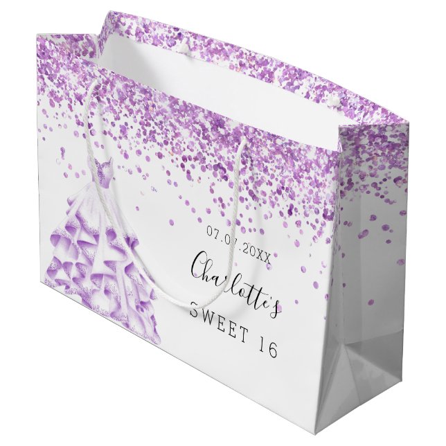 Sweet 16 white purple dress name large gift bag (Back Angled)