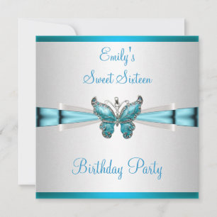 Sweet 16 White Teal Blue Butterfly Birthday Invitation
