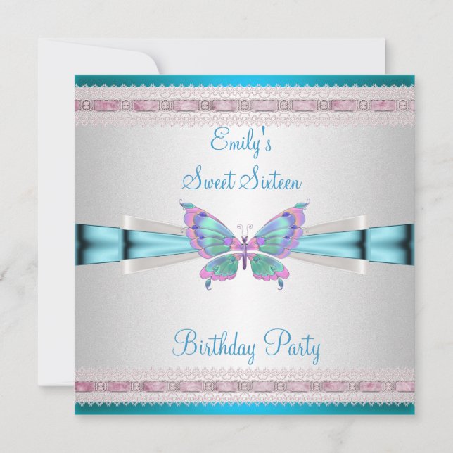 Sweet 16 White Teal Blue Pink Butterfly Birthday Invitation (Front)