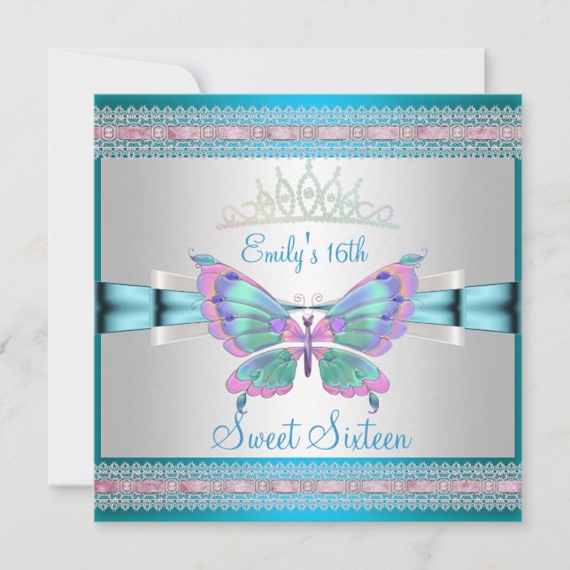 Sweet 16 White Teal Blue Pink Butterfly Invitation (Front)