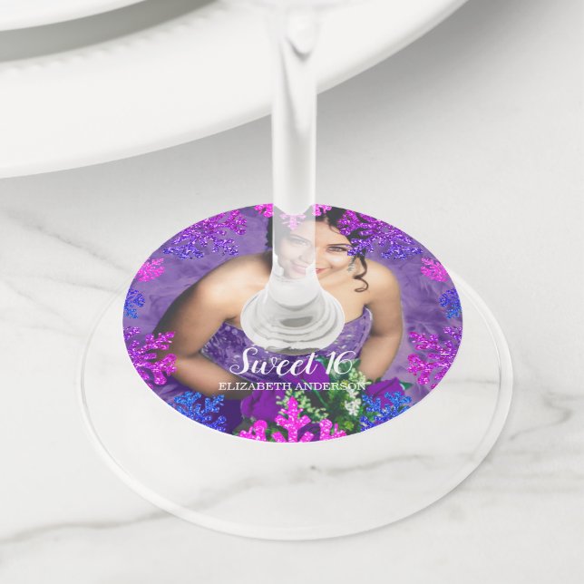 Sweet 16 Winter Snowflake Birthday Wine Glass Tag (Close Up)