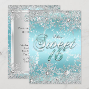 Sweet 16 Winter Wonderland Blue Teal Snowflake Invitation