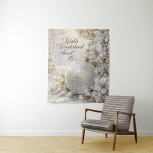 Sweet 16 Winter Wonderland Silver Glitter Ornament Tapestry