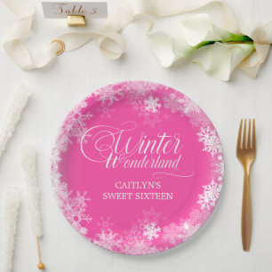 Sweet 16 Winter Wonderland Snowflake Pink Paper Plate