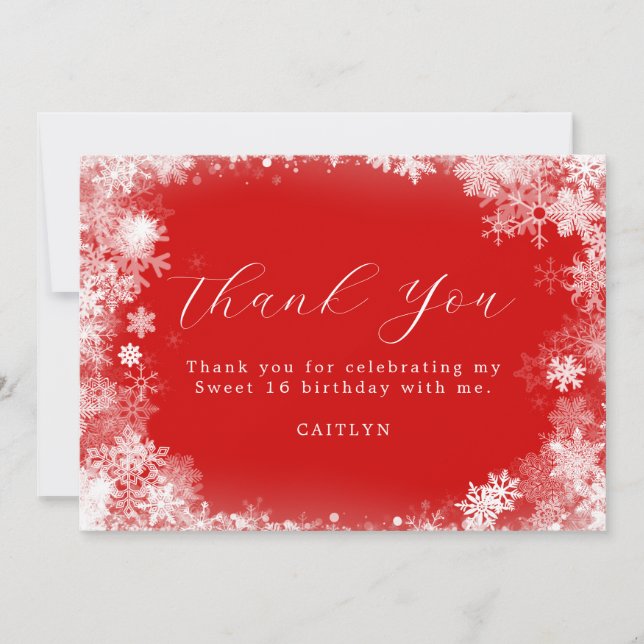Sweet 16 Winter Wonderland Snowflake Red Thank You Card (Front)