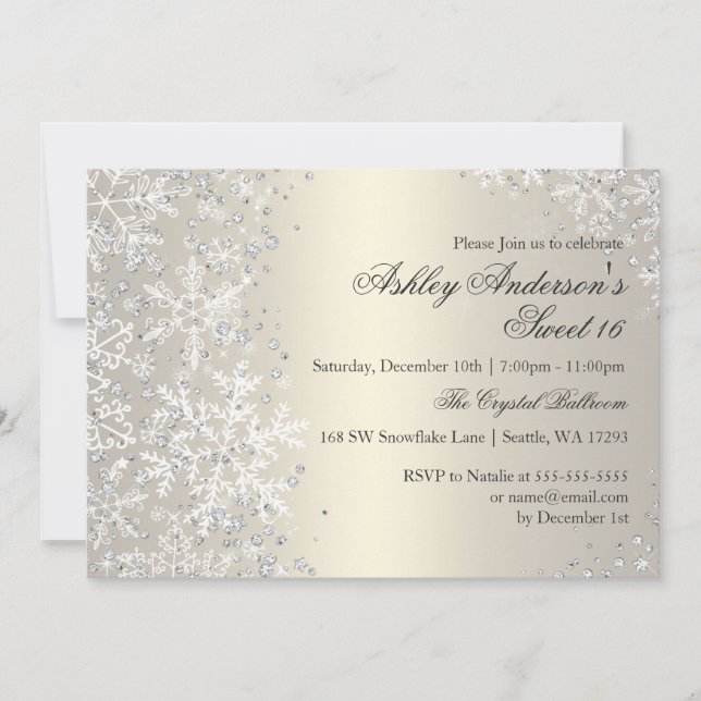 Sweet 16 Winter Wonderland Sparkle Snowflakes Invitation (Front)