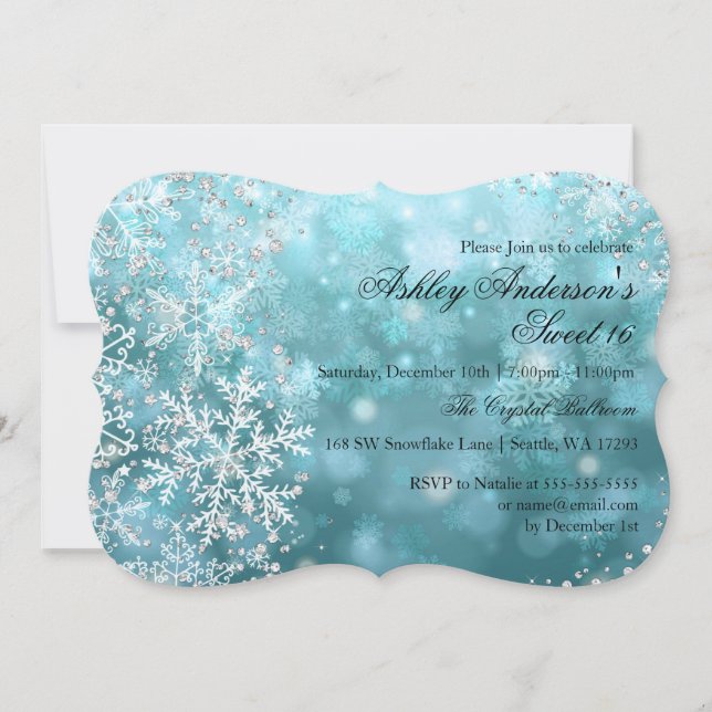 Sweet 16 Winter Wonderland Sparkle Snowflakes Invitation (Front)