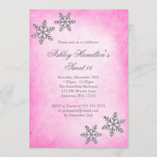 Sweet 16 Winter Wonderland Sparkle Snowflakes Pink Invitation