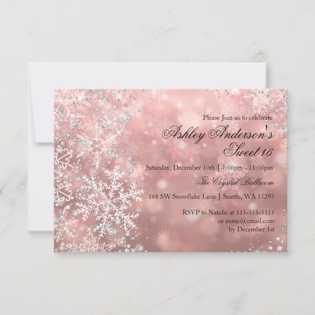 Sweet 16 Winter Wonderland Sparkle Snowflakes RSVP Card (Front)