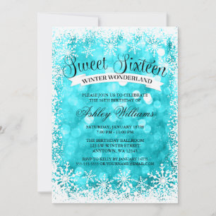 Sweet 16 Winter Wonderland Teal Glitter Lights Invitation