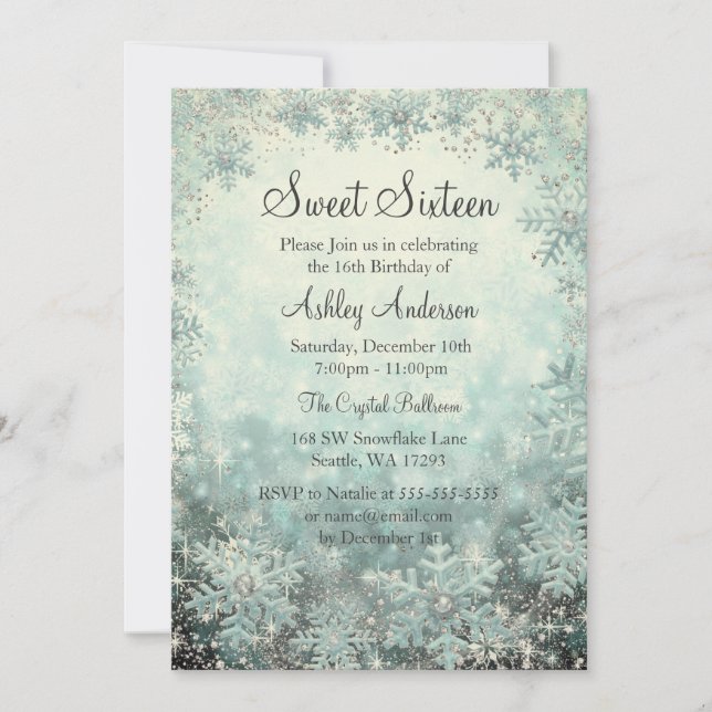 Sweet 16 Winter Wonderland Teal Snowflakes Invitation (Front)