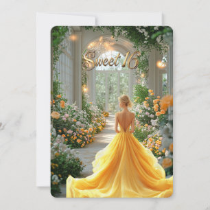Sweet 16 Yellow Gown Beautiful Flowers Venue Invitation