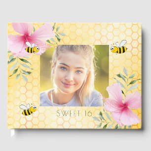 Sweet 16 yellow honeycomb pink flowers bees photo guest book