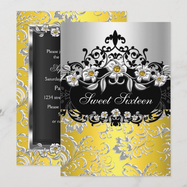 Sweet 16 Yellow Silver Black Floral Jewel Party Invitation (Front/Back)