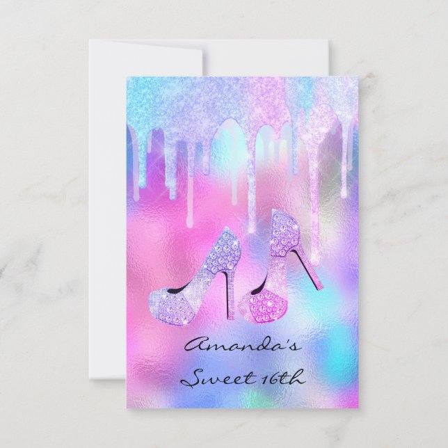 Sweet 16th 15th Drips Holographic Pink High Heels Invitation (Back)