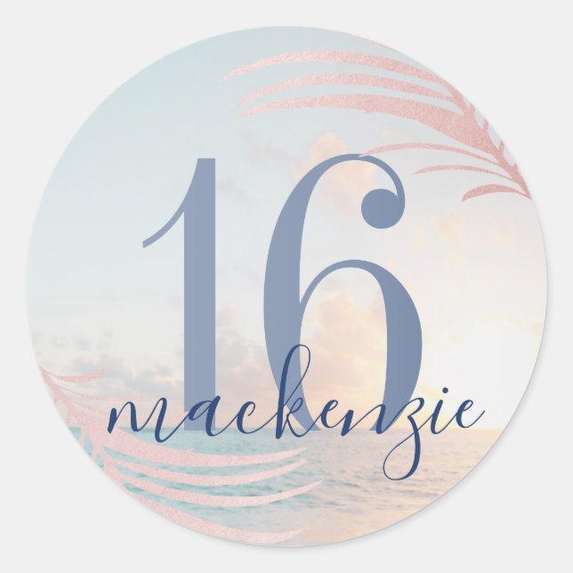 Sweet 16th Beach Birthday Party Favour Classic Round Sticker (Front)