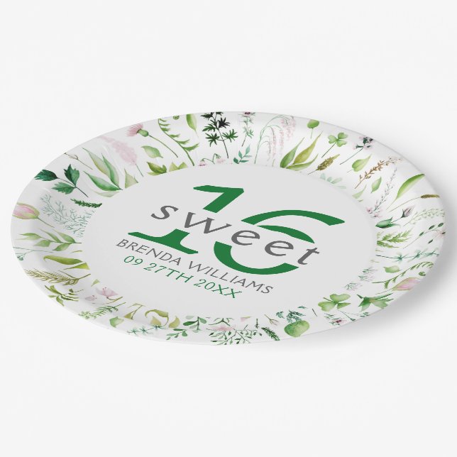 Sweet 16th Birdie Green Leafs & Flowers Frame Paper Plate (Angled)