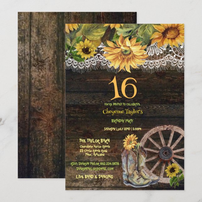 Sweet 16th Birthday Barn Wood Sunflowers Lace Invi Invitation (Front/Back)