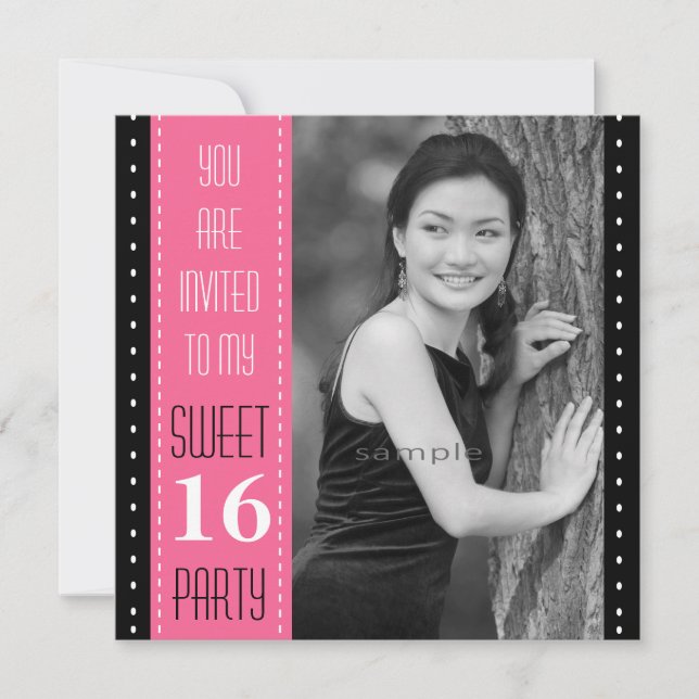 Sweet 16th Birthday Black PINK Large Photo Invitation (Front)