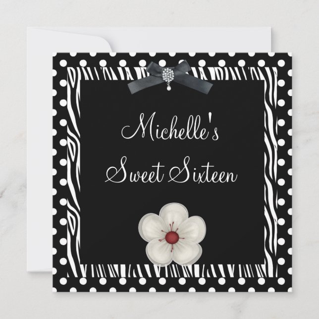 Sweet 16th Birthday Black White Zebra Spot Flower Invitation (Front)