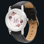 Sweet 16th birthday burgundy florals white watch<br><div class="desc">A gift or keepsake for a Sweet 16th birthday. A chic white background with a faux gold geometric frame. Decorated with dark purple and burgundy flowers, roses and boho style feathers. Templates for a name, age and a date. Date of birth or the date of the party. The name is...</div>