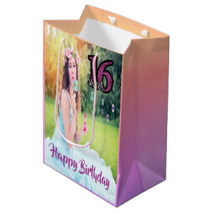 Sweet 16th birthday custom photo gift bag purple