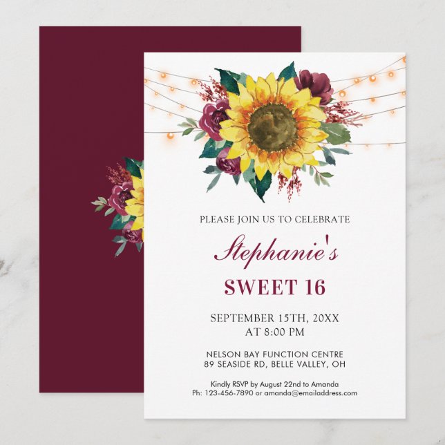 Sweet 16th Birthday Floral Sunflower Lights Party Invitation (Front/Back)