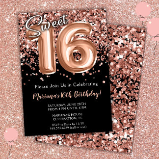 Sweet 16th Birthday Invitation Black Rose Gold
