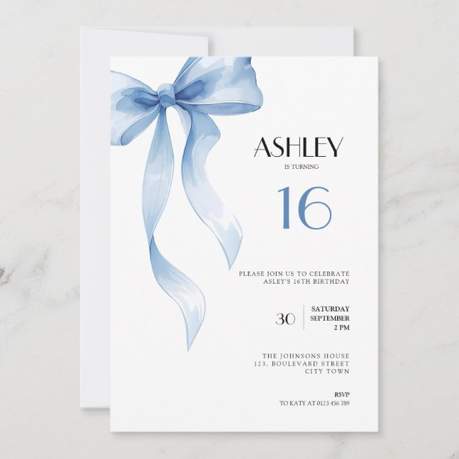 Sweet 16th Birthday Invitation Blue Bow for Girls (Front)