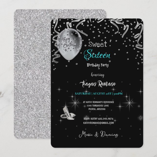 Sweet 16th Birthday Party Black & Turquoise Theme  Invitation (Front/Back)