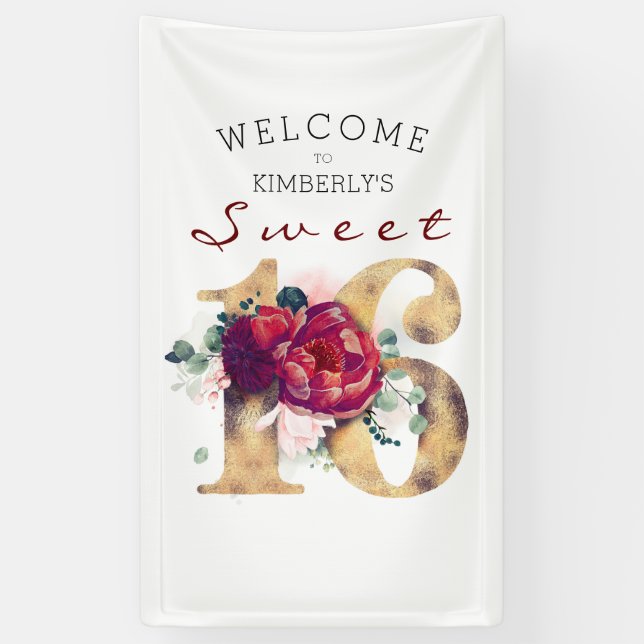 Sweet 16th Birthday Party Burgundy Red Floral Banner (Vertical)