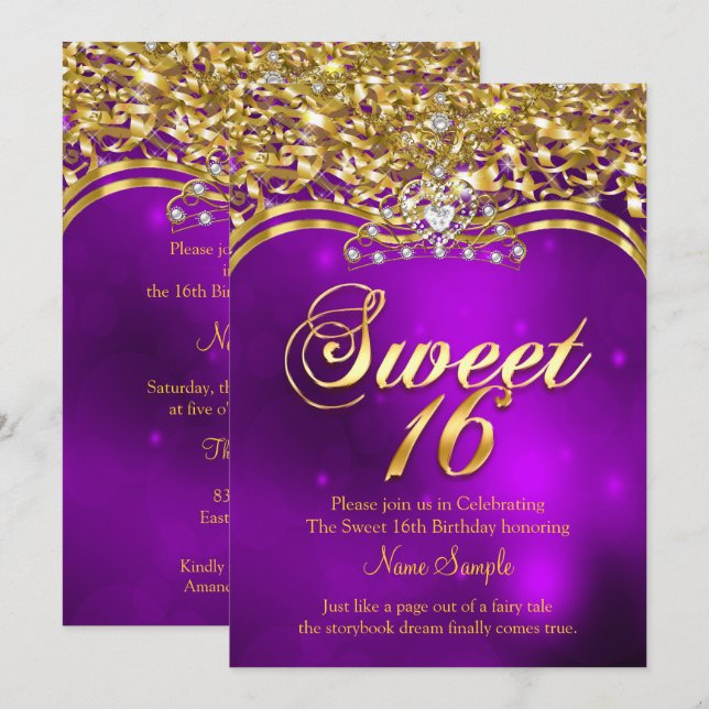 Sweet 16th Birthday Party Purple Glitter Gold Invitation (Front/Back)