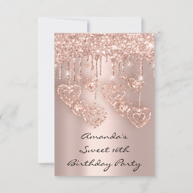 Sweet 16th Birthday Party Rose Glitter Drips Heart Invitation (Back)