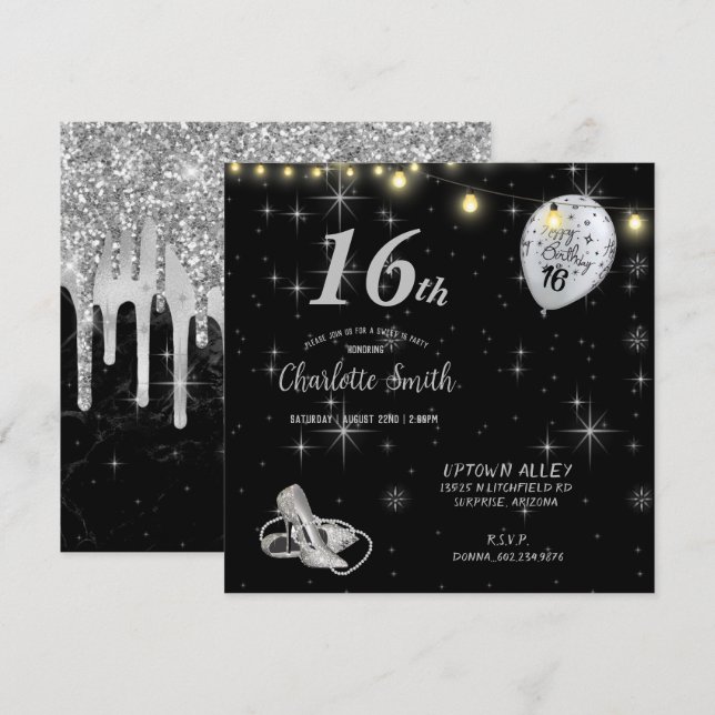 Sweet 16th Birthday Party Stiletto's Balloons Invi Invitation (Front/Back)