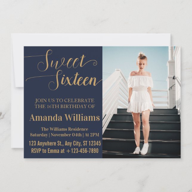  Sweet 16th Birthday Photo Blue And  Gold Luxury  Invitation (Front)