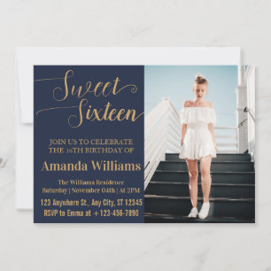 Sweet 16th Birthday Photo Blue And  Gold Luxury  Invitation