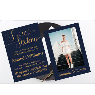 Sweet 16th Birthday Photo Blue And  Gold Luxury  Invitation