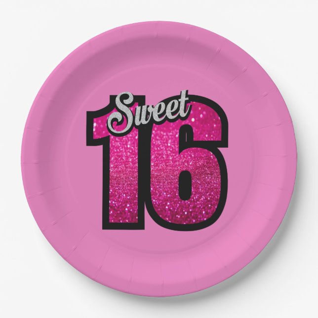 Sweet 16th Birthday Pink Gold Glitter Paper Plate (Front)