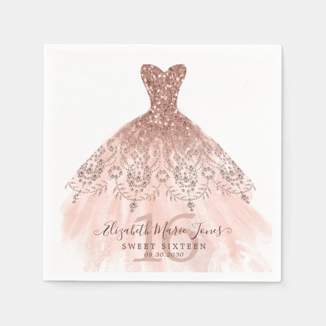 Sweet 16th Birthday Pink Rose Gold Glitter Dress Napkin (Front)