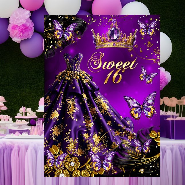 Sweet 16th birthday purple Gold Dress Butterflies Invitation (Creator Uploaded)