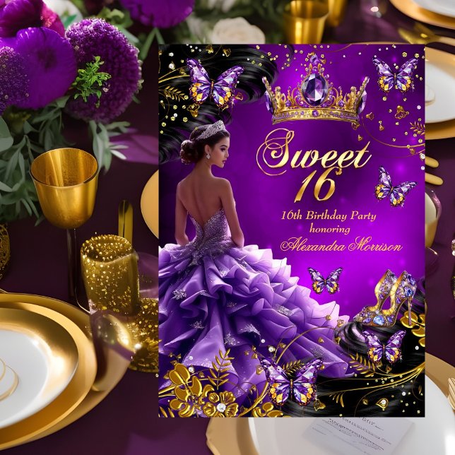 Sweet 16th birthday purple Gold Dress Butterfly Invitation (Creator Uploaded)
