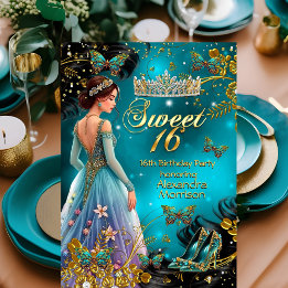 Sweet 16th birthday Teal Gold Dress Butterfly Invitation