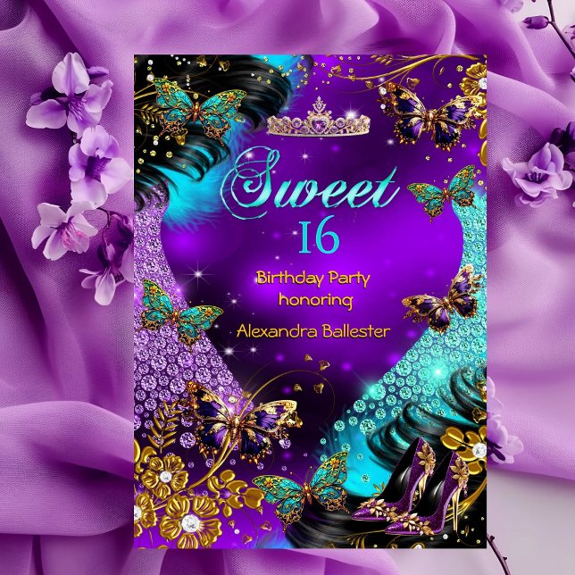 Sweet 16th birthday Teal Purple Gold Butterfly Invitation (Creator Uploaded)